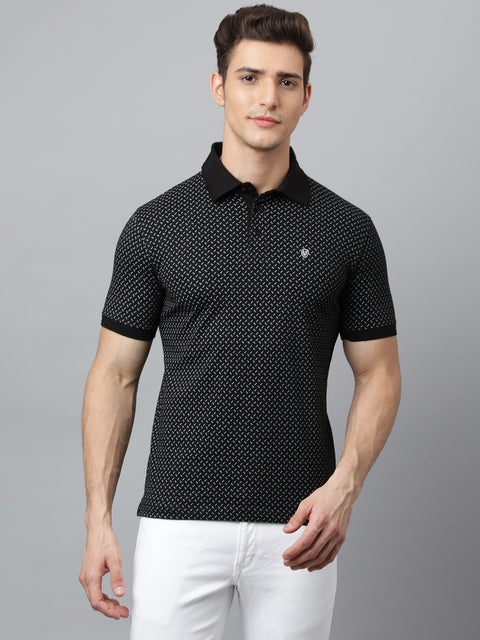 Men Black Regular Fit Printed Polo Neck T-Shirt