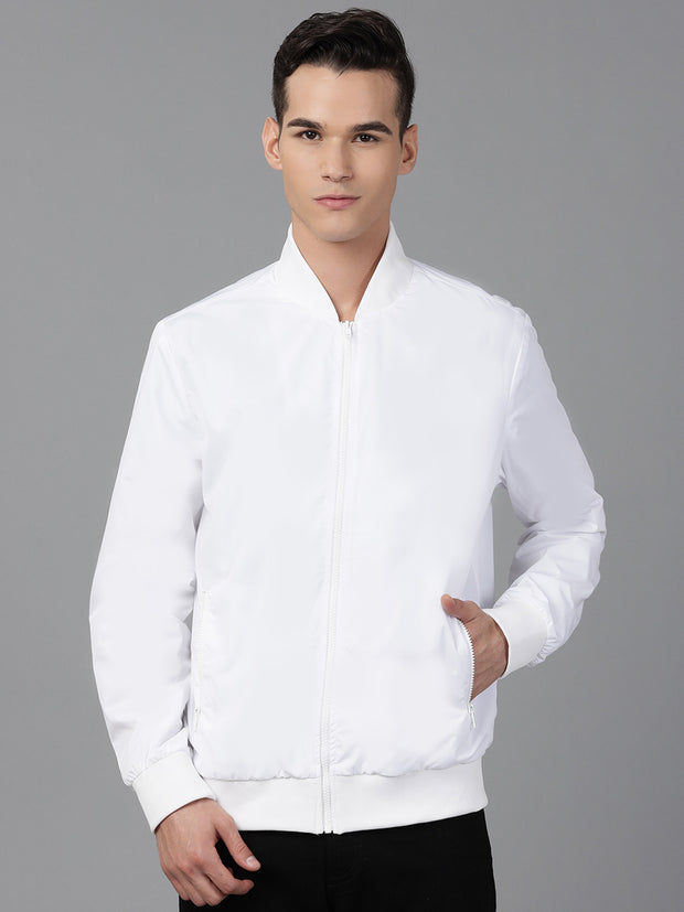 Men White Regular Fit Bomber Solid Jacket