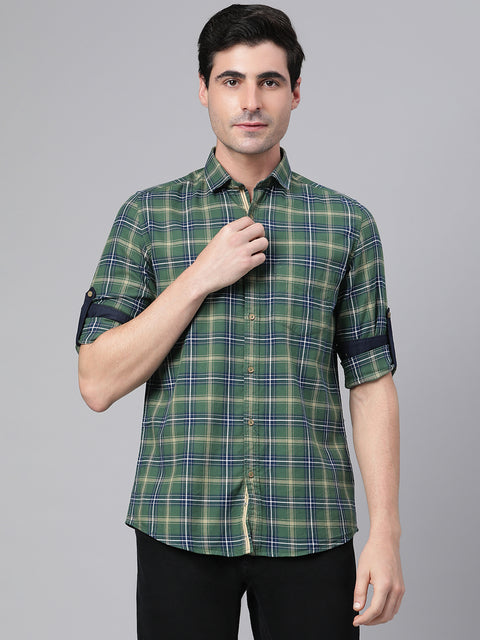 Men Green Slim Fit Checkered Casual Shirt