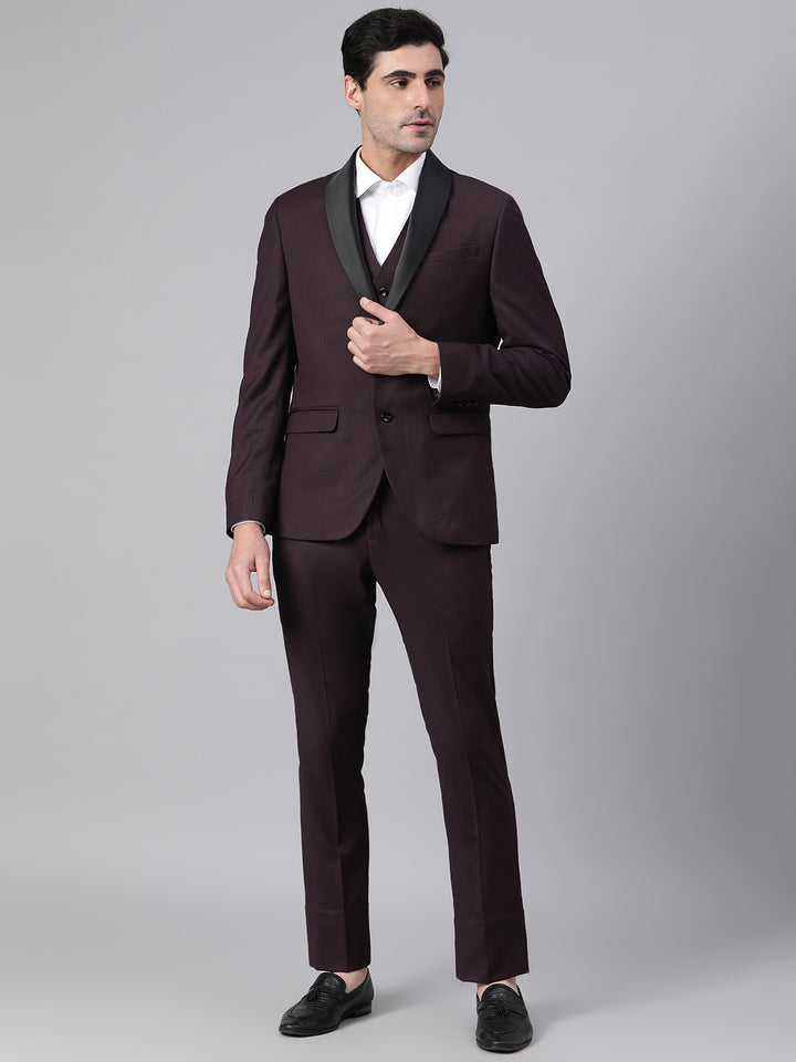 Men Wine 3 Piece Solid Formal Suit with a detachable lapel