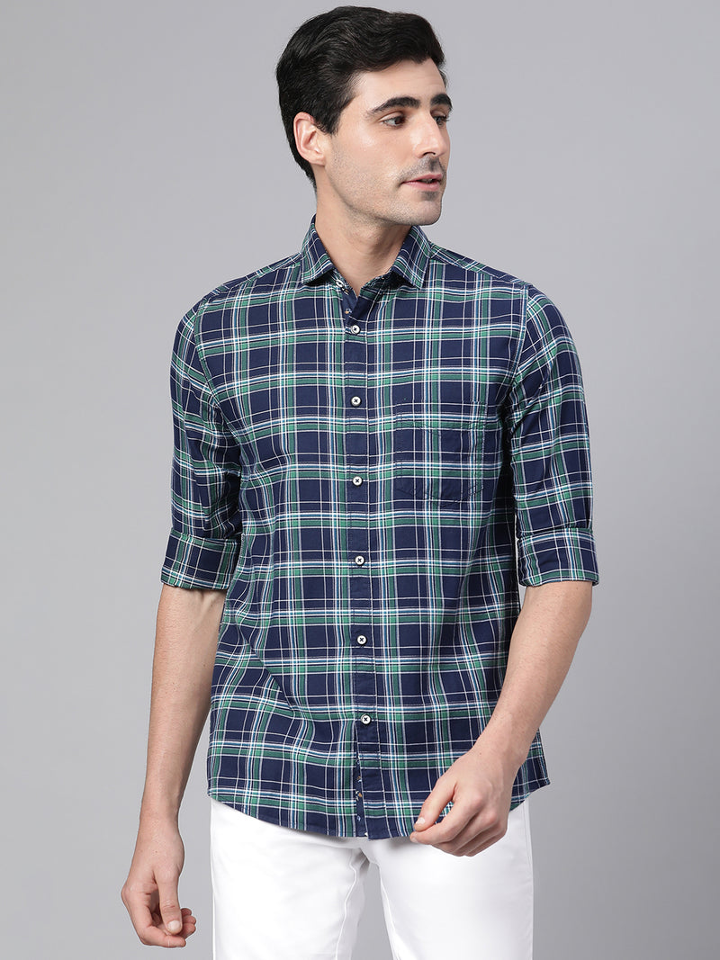 Men Green Slim Fit Checkered Casual Shirt