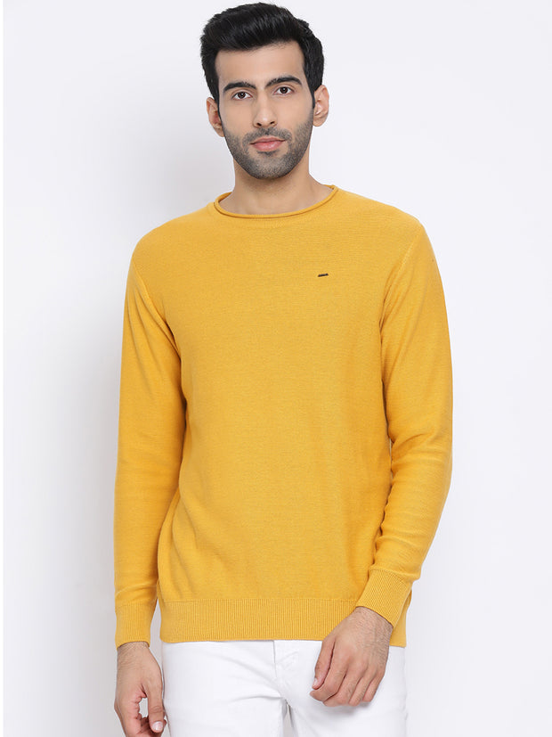 Men Mustard Regular Fit Round Neck Full Sleeve Sweater