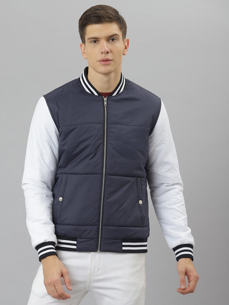 Men Navy Regular Fit Puffer Color Blocked Jacket