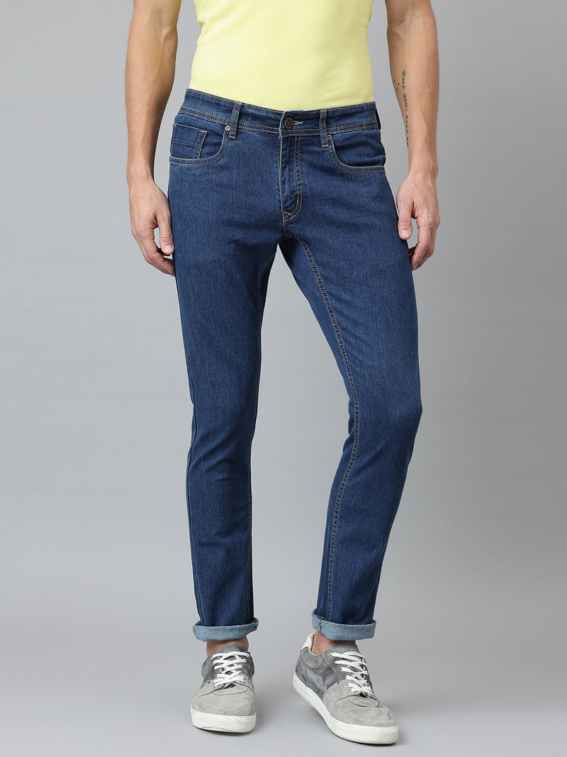 Men Cobalt Blue Slim Fit Mid Rise Clean Look Streachable Jeans