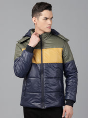 Men Navy Regular Fit Puffer Color Blocked Hooded Jacket