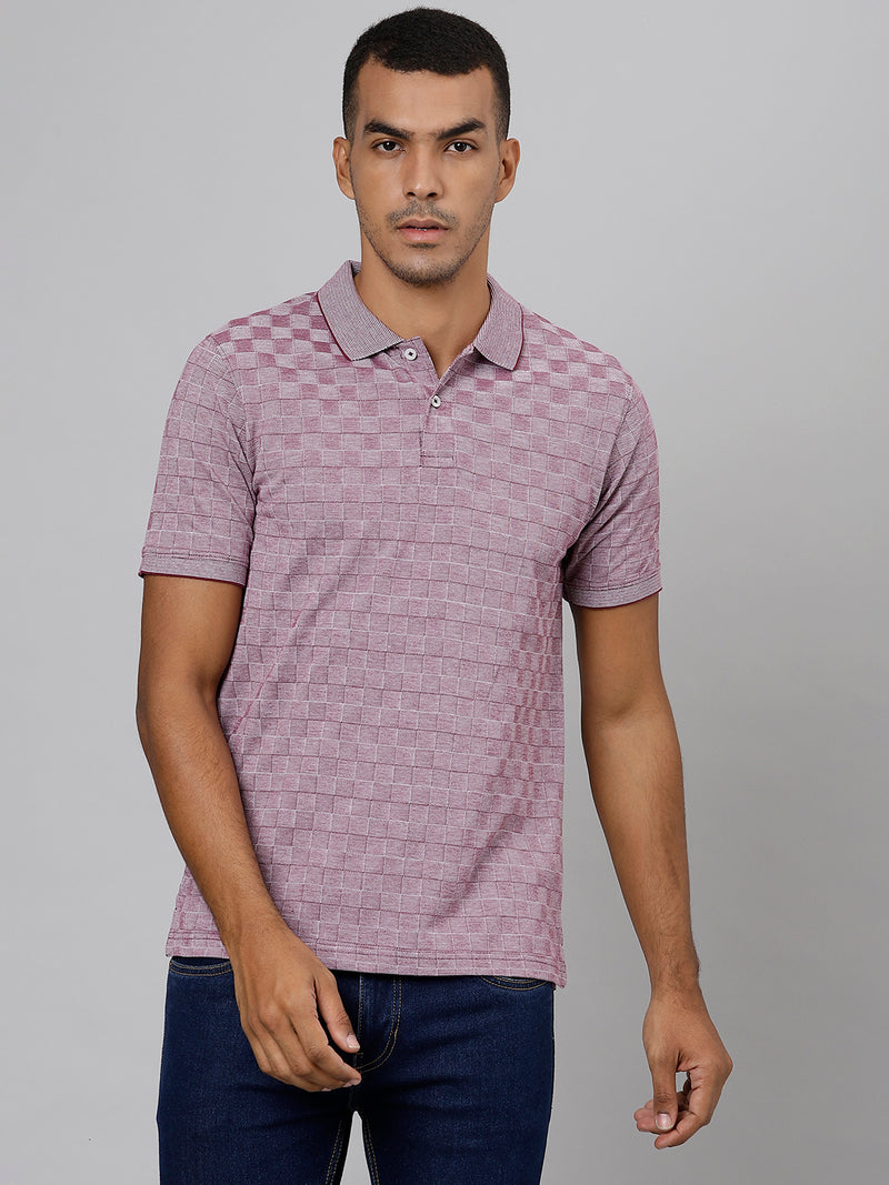 Men Pink Regular Fit Checkered Polo Neck T-Shirt