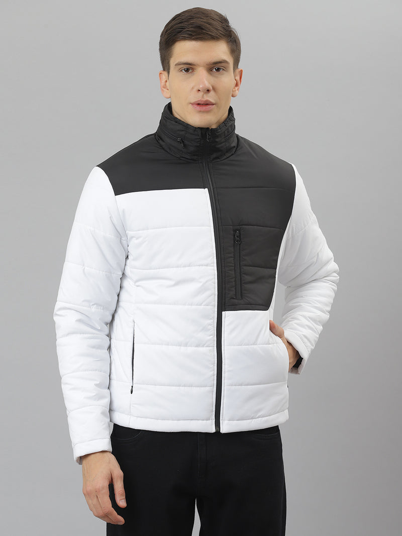 Men White Regular Fit Puffer Color Blocked Jacket
