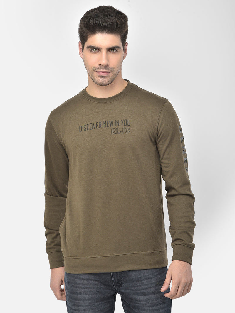 Men Olive Regular Fit Sold Casual Sweat Shirt