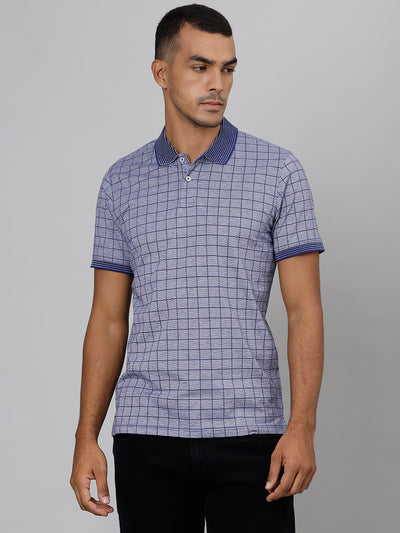 Men Blue Grey Regular Fit Checkered Polo Neck T-Shirt