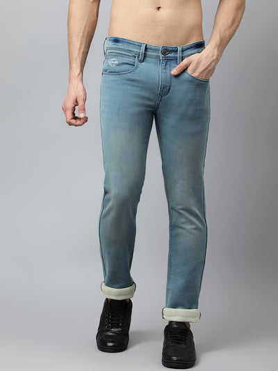 Men Sky Tint Regular Fit Mid Rise Clean Look Strechable Jeans