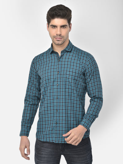 Men Teal Blue Slim Fit Checkered Casual Shirt
