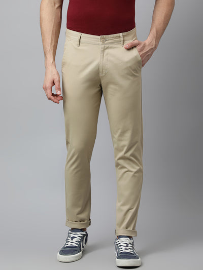 Men Light Khaki  Slim Fit Mid Rise Solid Casual Trouser