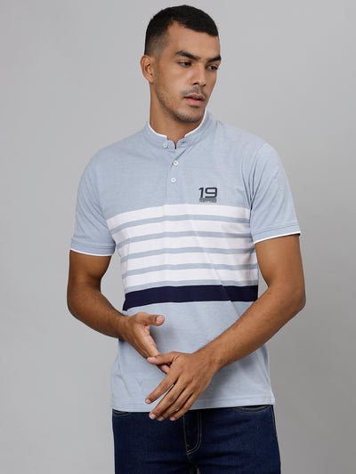 Men Sky Blue Regular Fit Striped Ben Collar T-Shirt