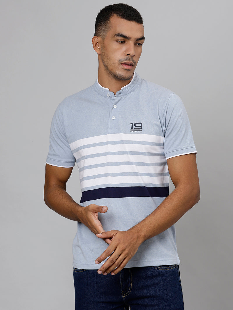 Men Sky Blue Regular Fit Striped Ben Collar T-Shirt