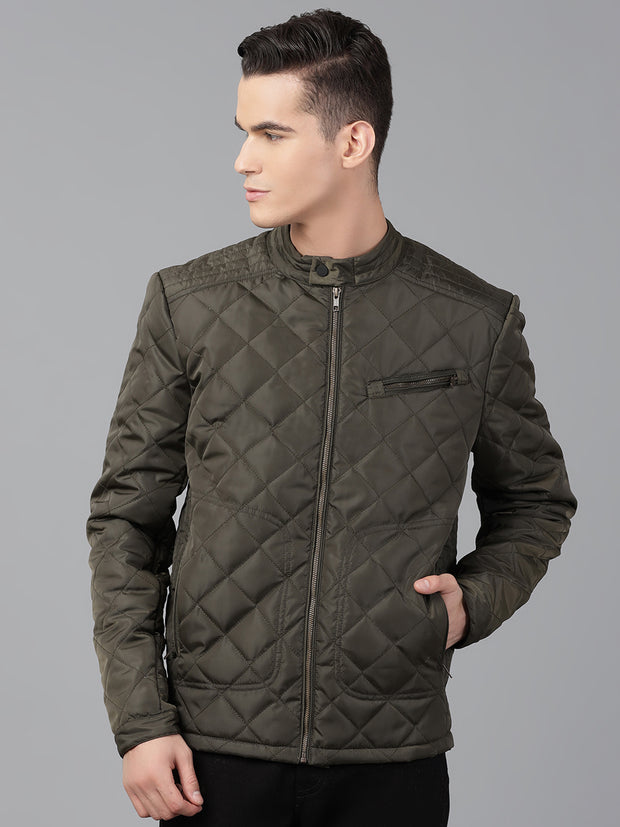 Men Olive Regular Fit Padded Solid Jacket