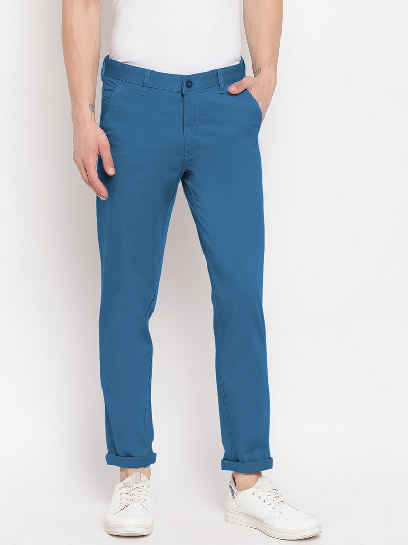 Men Blue Slim Fit Mid Rise Solid Casual Trouser