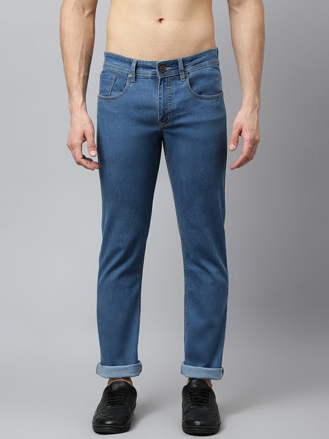 Men Mid Blue Regular Fit Mid Rise Clean Look Strechable Jeans