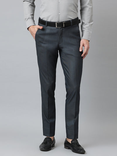 Men Grey Blue Smart Fit Mid Rise Formal Trouser