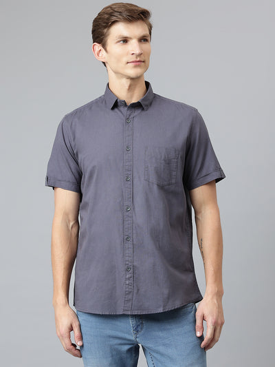 Men Dark Navy Slim Fit Solid Casual Shirt
