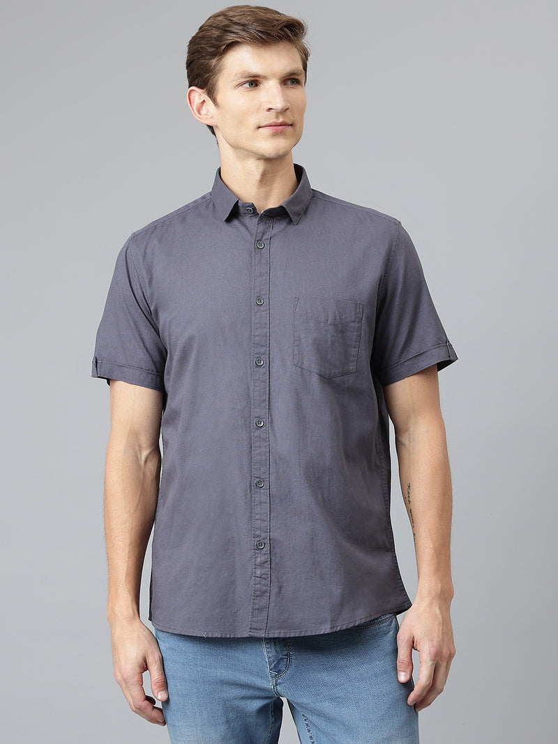 Men Dark Navy Slim Fit Solid Casual Shirt