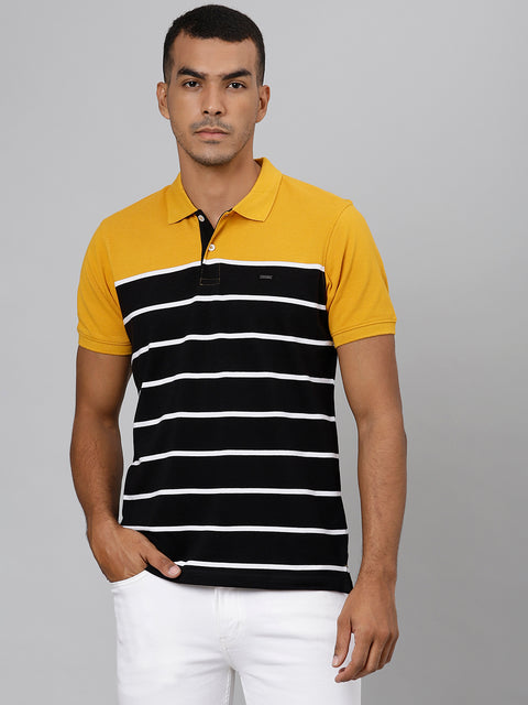 Men Mustard Black Regular Fit Striped Polo Neck T-Shirt