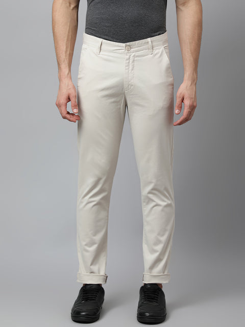 Men Beige Slim Fit Mid Rise Solid Casual Trouser