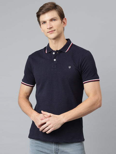 Men Navy Regular Fit Solid Polo Neck T-Shirt