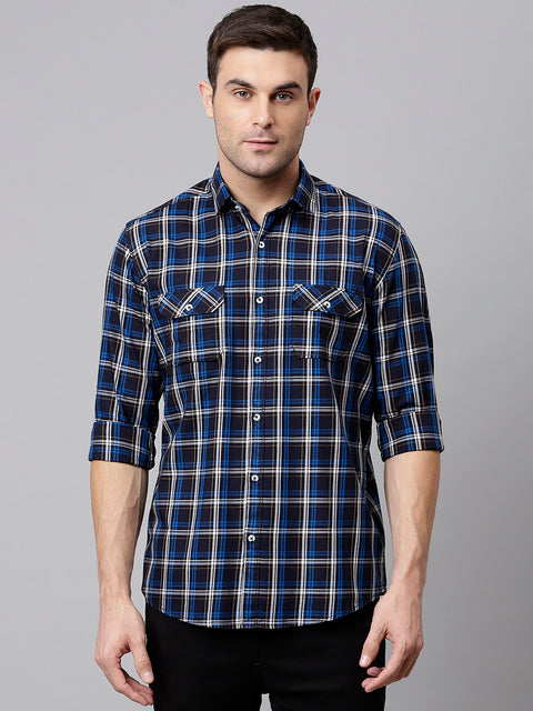 Men Blue Slim Fit Checkered Casual Shirt
