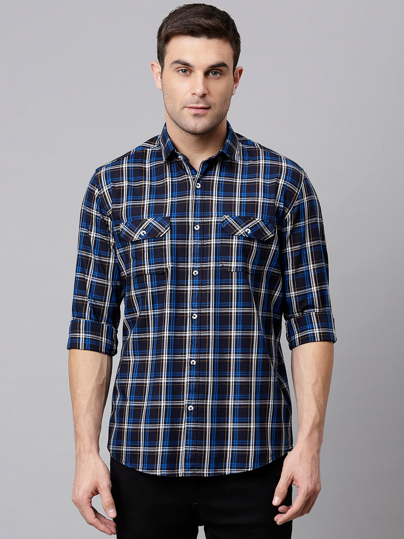 Men Blue Slim Fit Checkered Casual Shirt