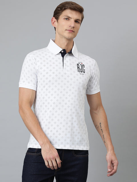 Men White Regular Fit Printed Polo Neck T-Shirt