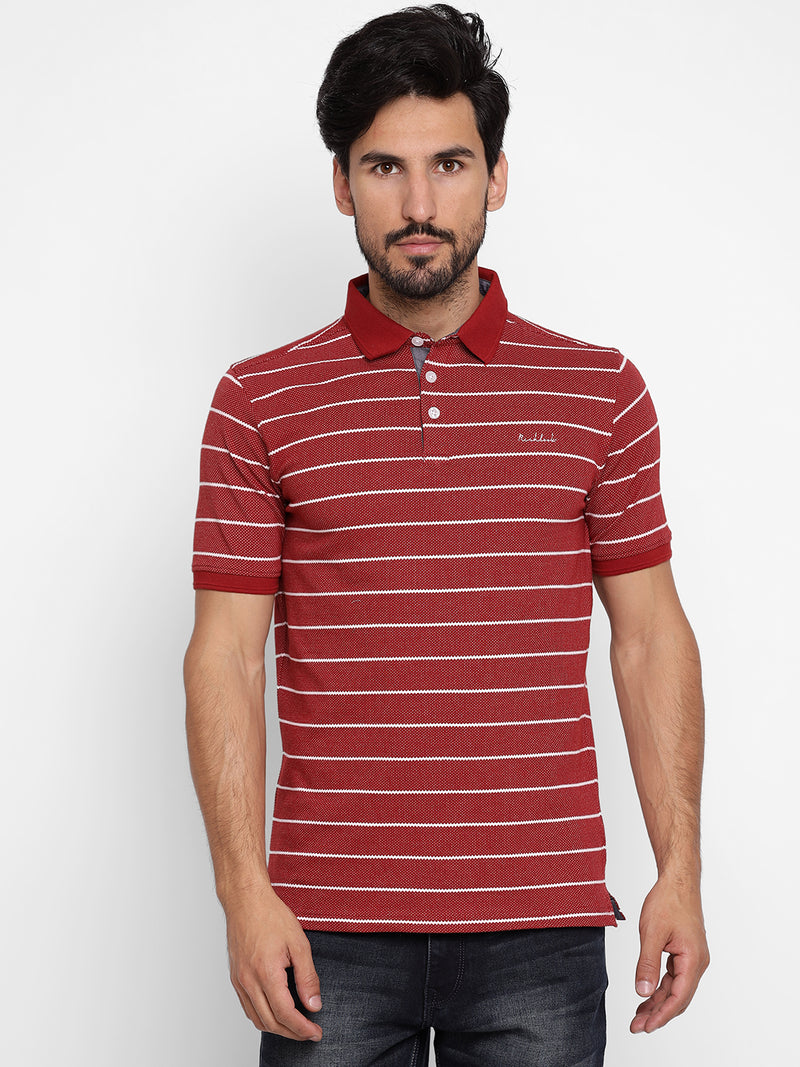 Maroon Regular Fit Striped Polo Neck T-Shirt