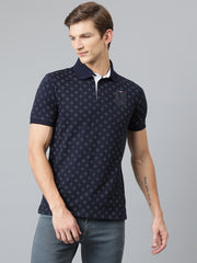 Men Navy Regular Fit Printed Polo Neck T-Shirt