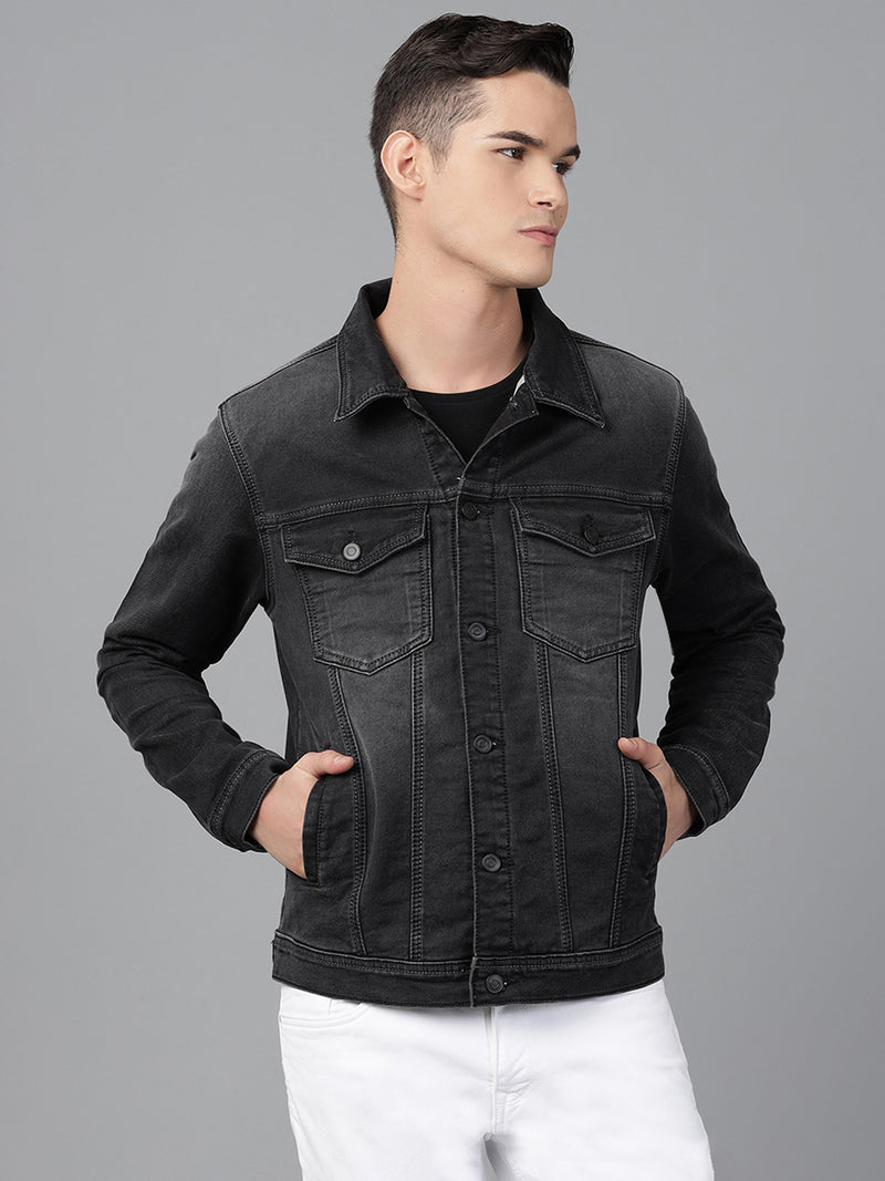 Men Grey Regular Fit Denim Solid Jacket