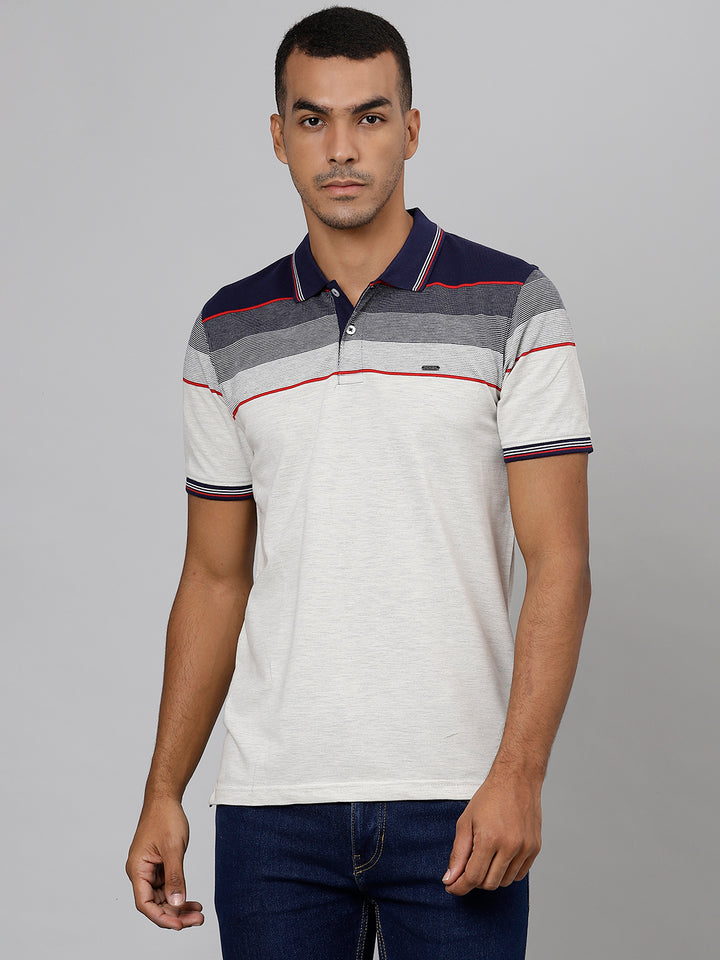 Men Navy Regular Fit Color Blocked Polo Neck T-Shirt