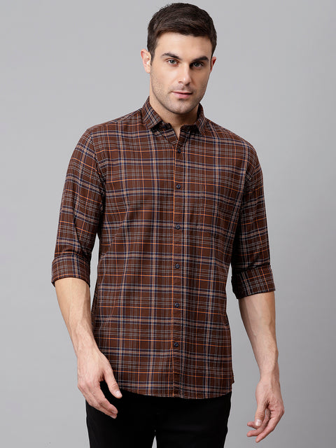 Men Brown Slim Fit Checkered Casual Shirt