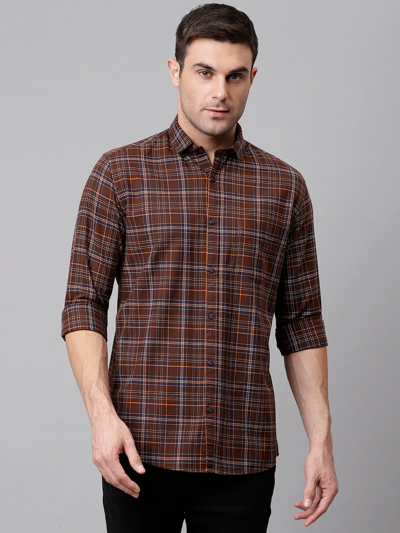 Men Brown Slim Fit Checkered Casual Shirt