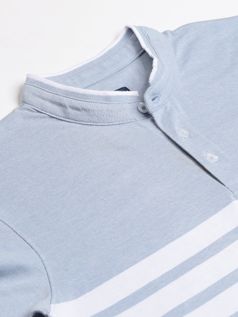 Men Sky Blue Regular Fit Striped Ben Collar T-Shirt