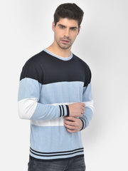 Men Navy Blue Regular Fit Round Neck Color Block Full Sleeve Sweater