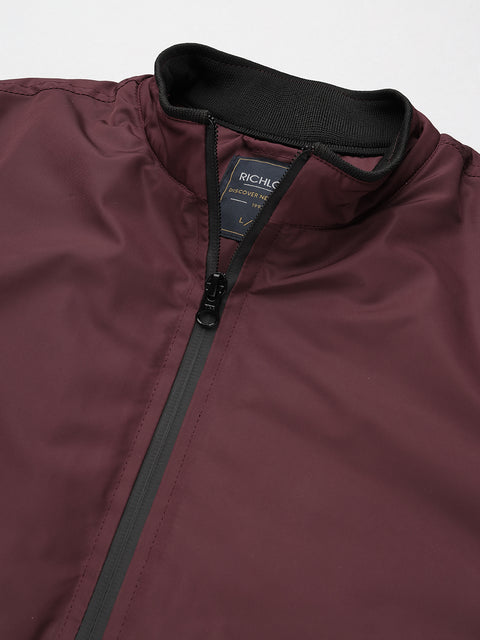 Men Maroon Regular Fit Bomber Solid Jacket