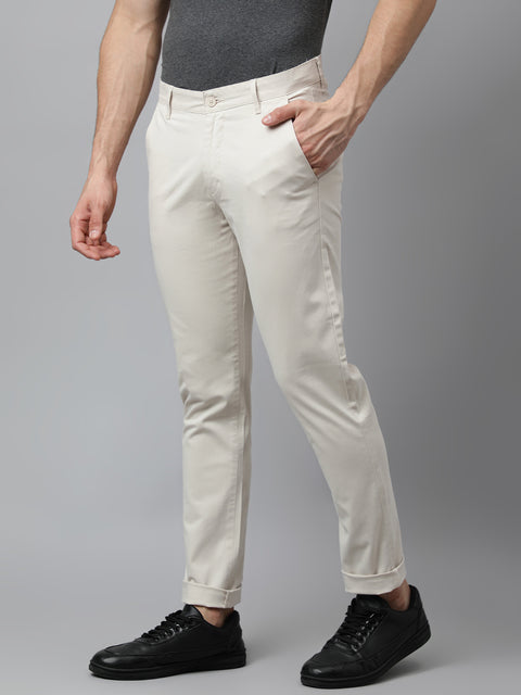 Men Beige Slim Fit Mid Rise Solid Casual Trouser