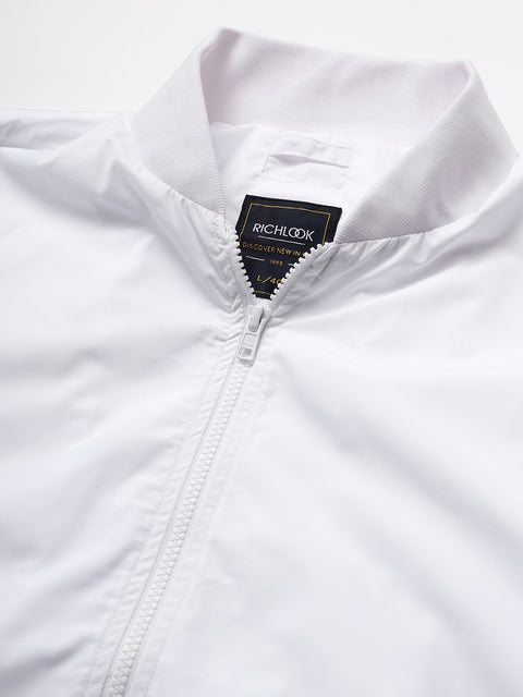 Men White Regular Fit Bomber Solid Jacket