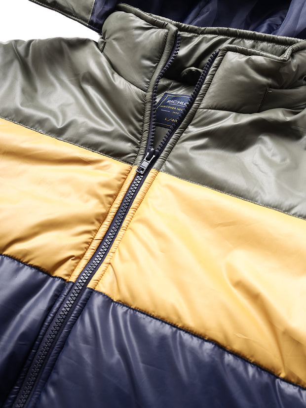 Men Navy Regular Fit Puffer Color Blocked Hooded Jacket