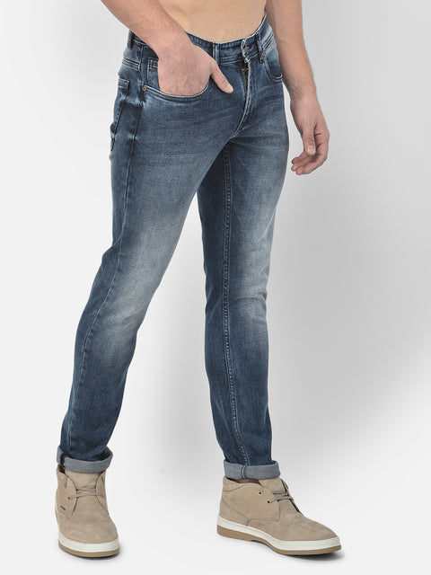 Men Blue Slim Fit Mid Rise Washed Streachable Jeans