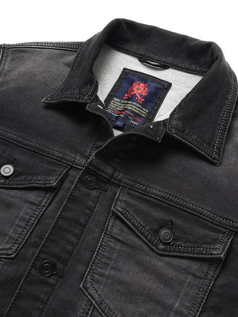 Men Grey Regular Fit Denim Solid Jacket