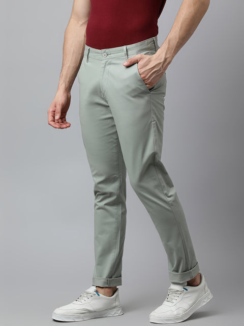 Men Olive Slim Fit Mid Rise Solid Casual Trouser