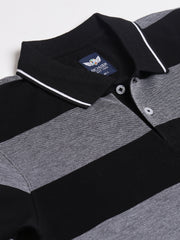 Men Grey Jet Black Regular Fit Striped Polo Neck T-Shirt