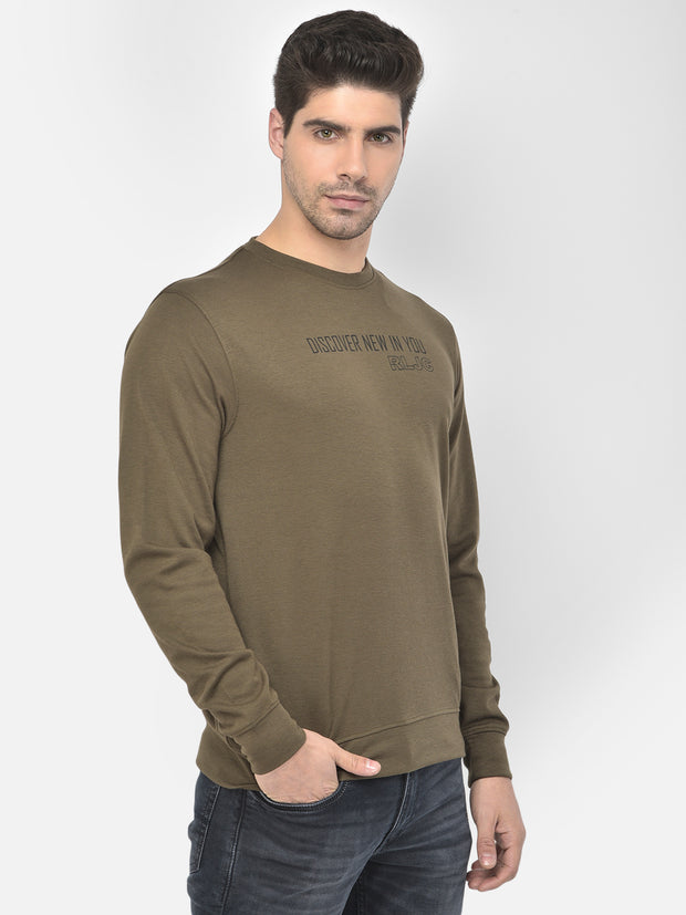 Men Olive Regular Fit Sold Casual Sweat Shirt