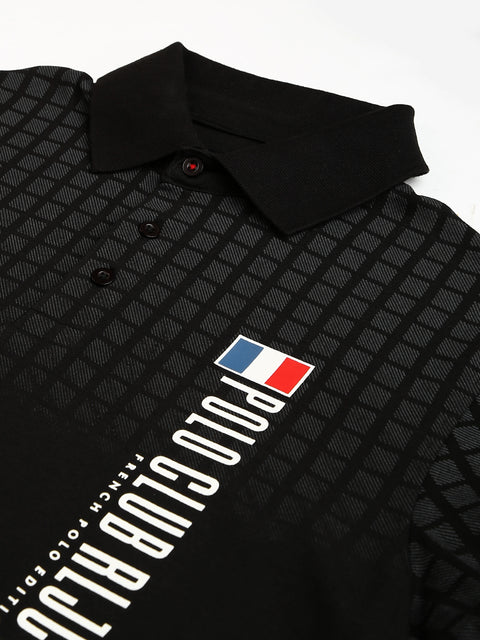 Men Black Regular Fit Checkered Polo Neck T-Shirt