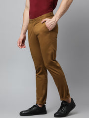 Men Dark Khaki  Slim Fit Mid Rise Solid Casual Trouser