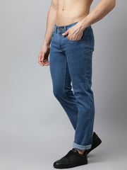 Men Mid Blue Regular Fit Mid Rise Clean Look Strechable Jeans